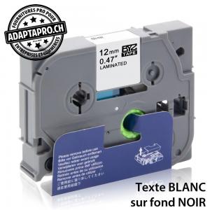 Ruban compatible P-Touch - 12mm * 8m - Blanc sur noir
