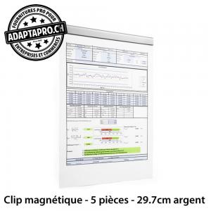 Clips magnétiques adhésifs - argent - pour feuille de 29.7cm de large - 5 pièces