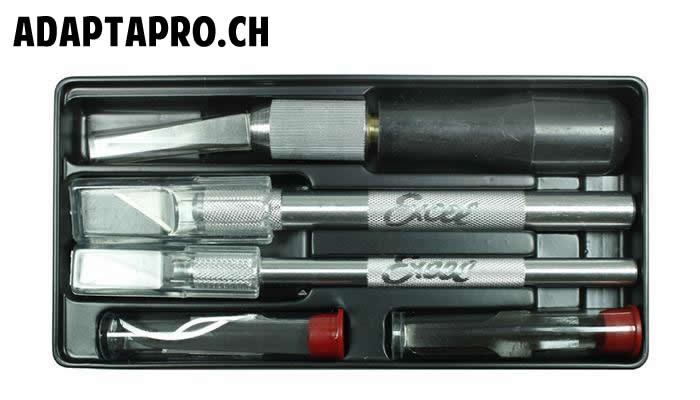 Excel Blades - EXL44090 - Outil - Set de cutter - Set Professionel - Boitier plastique - inclus 3 cutters, 13 lames assorties et 2 gouges