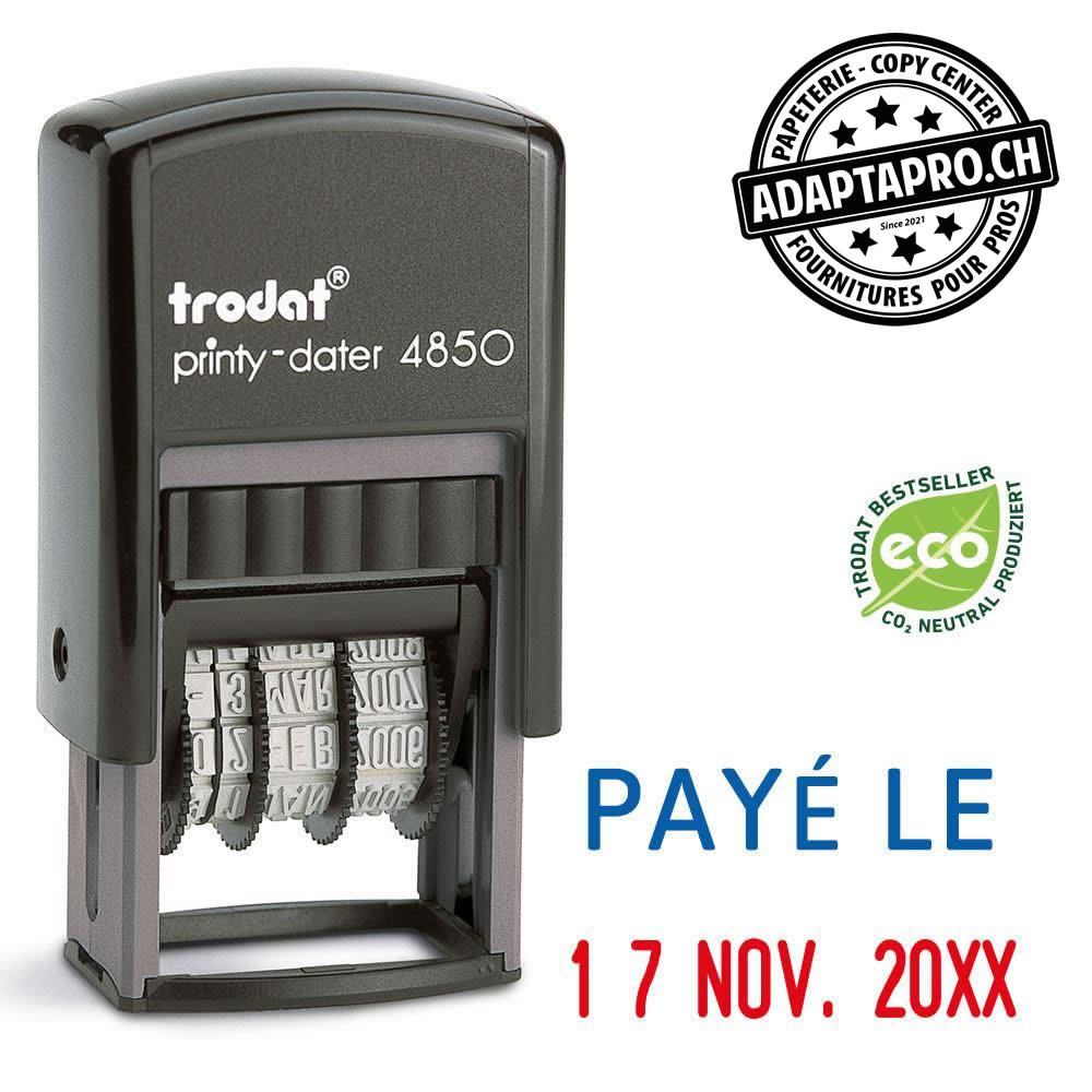 Trodat - TROD-4850/L2 - Timbre complet - Trodat Printy 4850/L1 - PAYÉ LE + date - Texte bleu date rouge