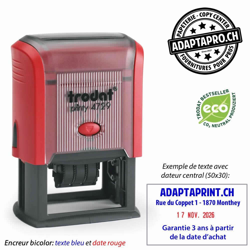 Trodat - TROD-4729DD - Timbre complet - Trodat Printy 4729 - 50 x 30mm - Dateur Personnalisé - Texte bleu date rouge