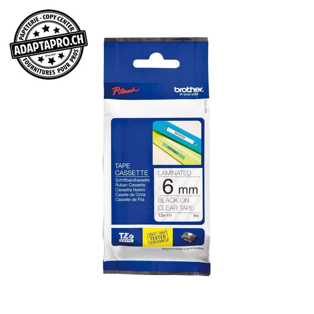 Brother - BRO-TZE-111 - Ruban BROTHER P-touch TZe laminé - 6mm - 8m - noir sur transparent