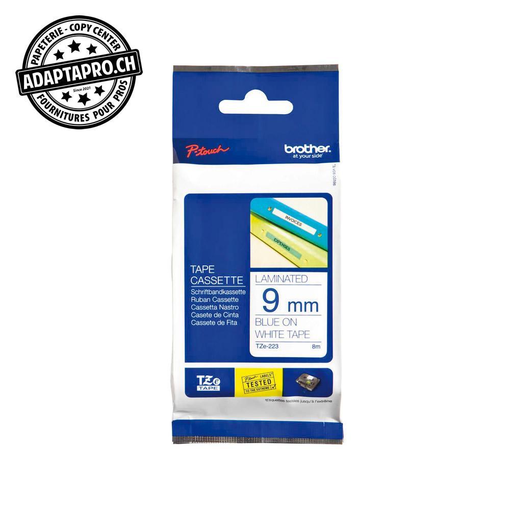 Brother - BRO-TZE-223 - Ruban BROTHER P-touch TZe laminé - 9mm - 8m - bleu sur blanc