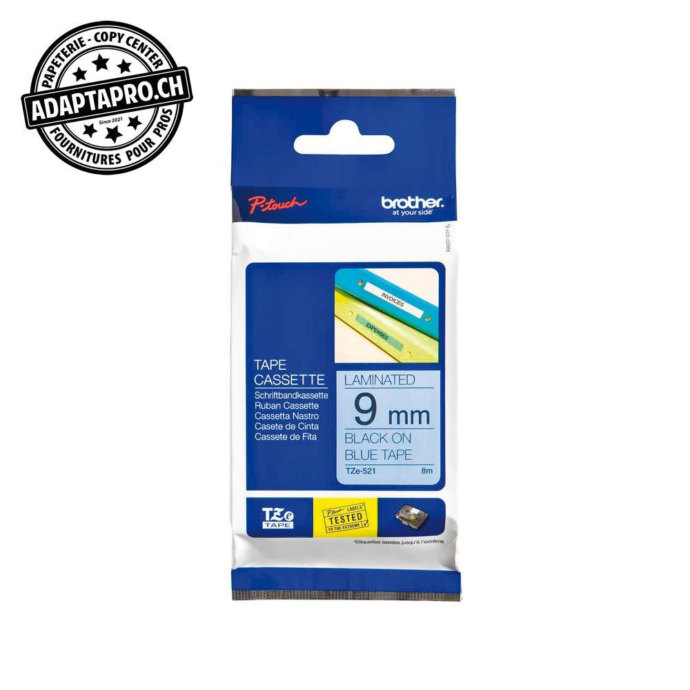 Brother - BRO-TZE-521 - Ruban BROTHER P-touch TZe laminé - 9mm - 8m - noir sur bleu