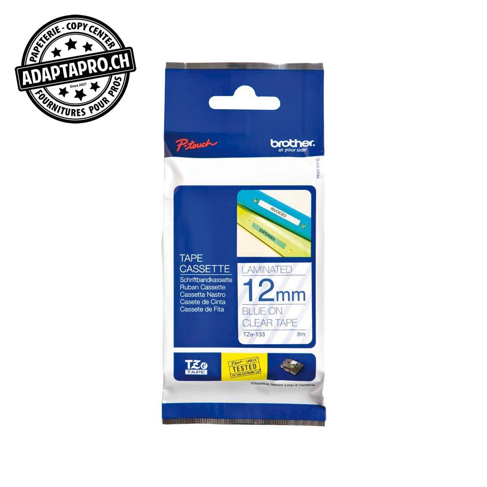 Brother - BRO-TZE-133 - Ruban BROTHER P-touch TZe laminé - 12mm - 8m - bleu sur transparent