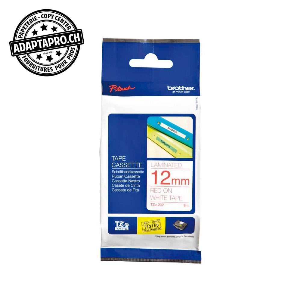 Brother - BRO-TZE-232 - Ruban BROTHER P-touch TZe laminé - 12mm - 8m - rouge sur blanc