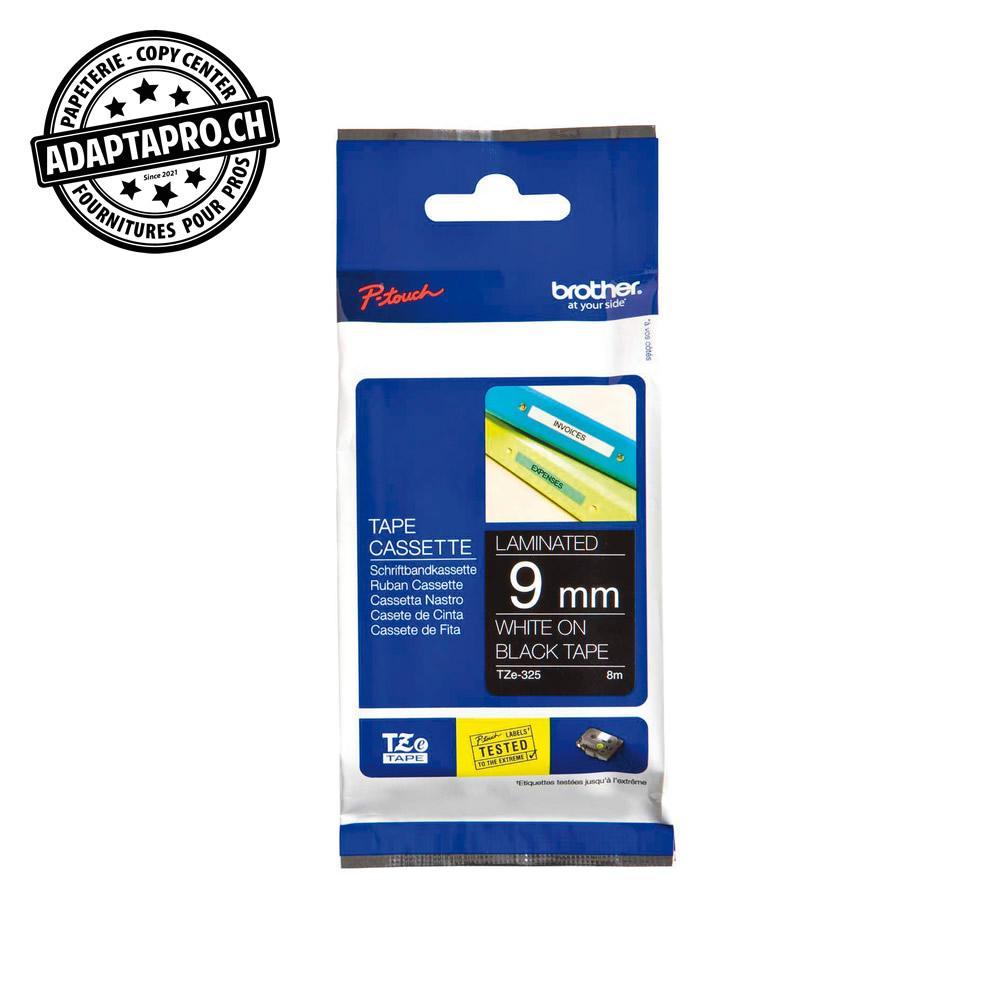 Brother - BRO-TZE-325 - Ruban BROTHER P-touch TZe laminé - 9mm - 8m - blanc sur noir