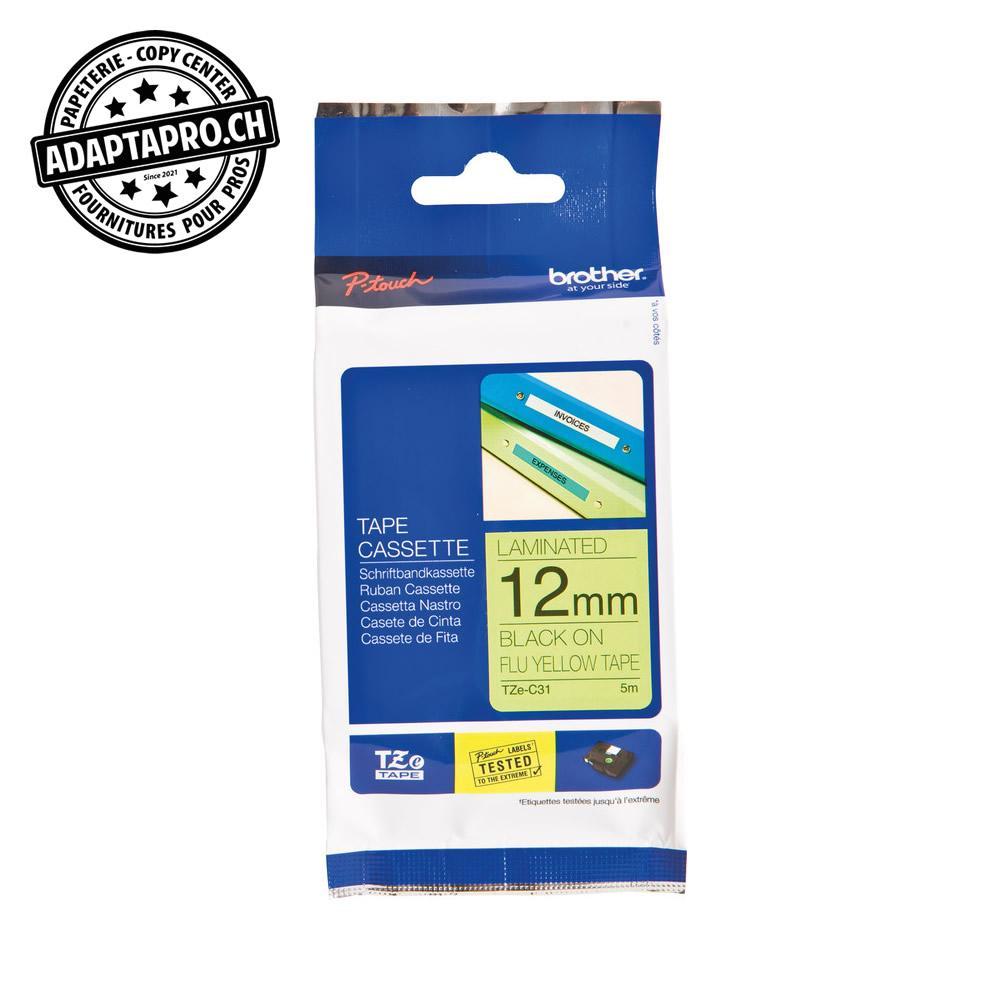 Brother - BRO-TZE-C31 - Ruban BROTHER P-touch TZe laminé - 12mm - 5m - noir sur jaune fluo
