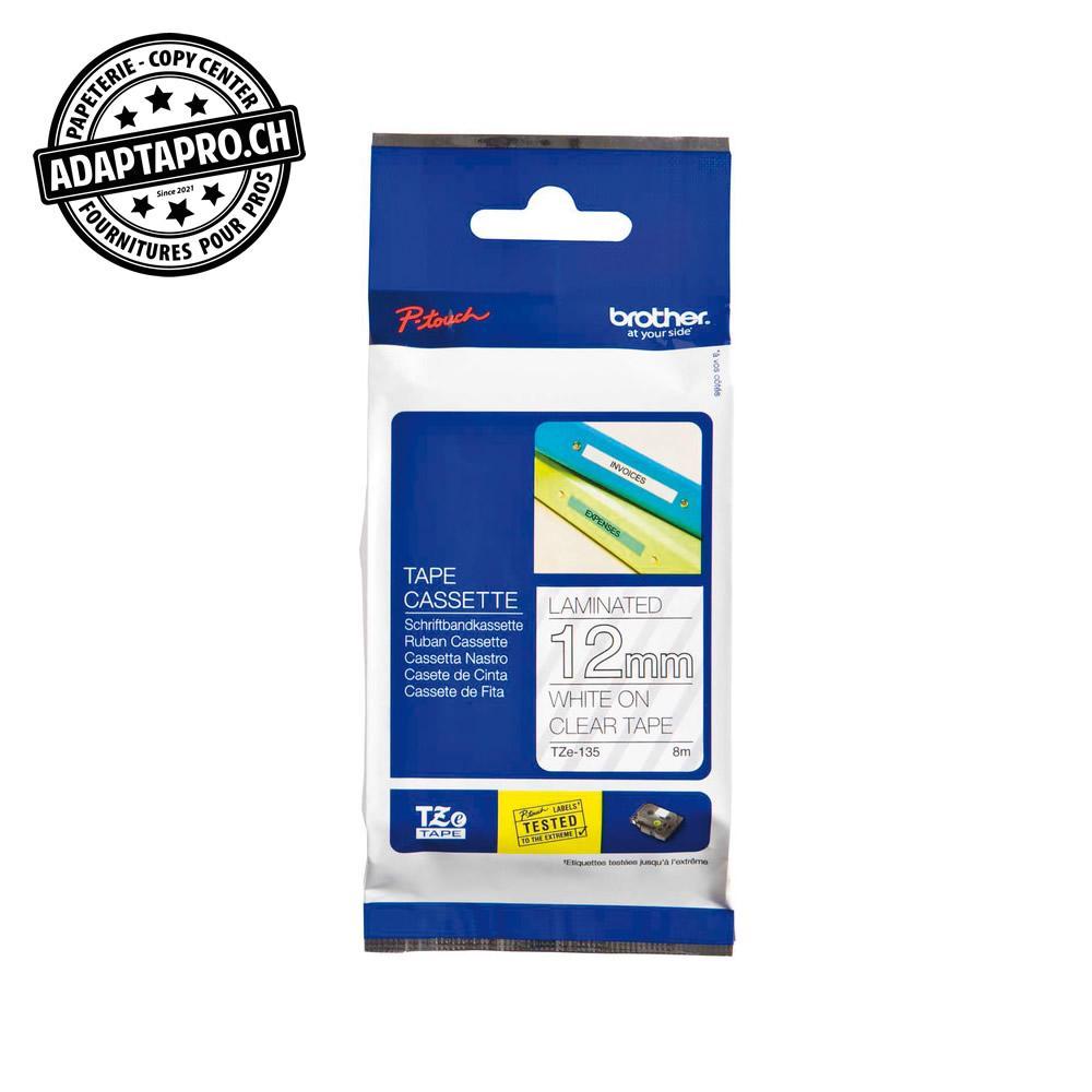 Brother - BRO-TZE-135 - Ruban BROTHER P-touch TZe laminé - 12mm - 8m - blanc sur transparent
