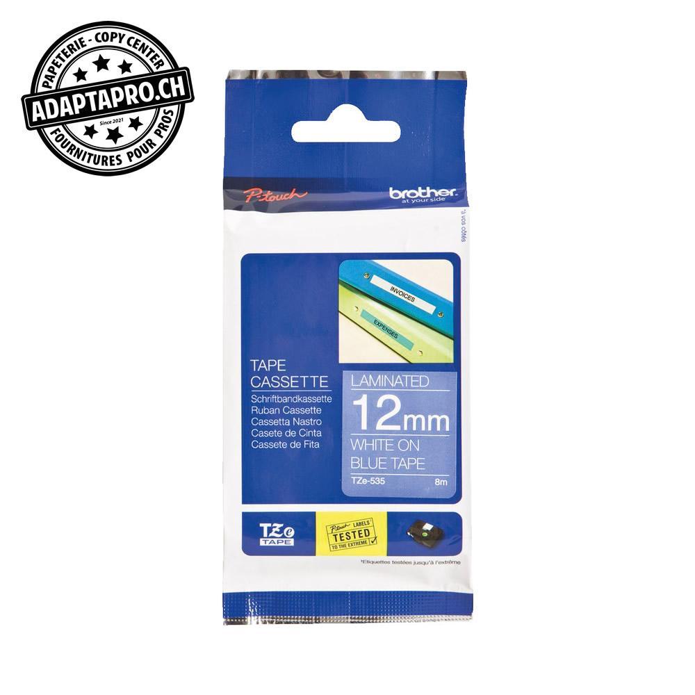 Brother - BRO-TZE-535 - Ruban BROTHER P-touch TZe laminé - 12mm - 8m - blanc sur bleu