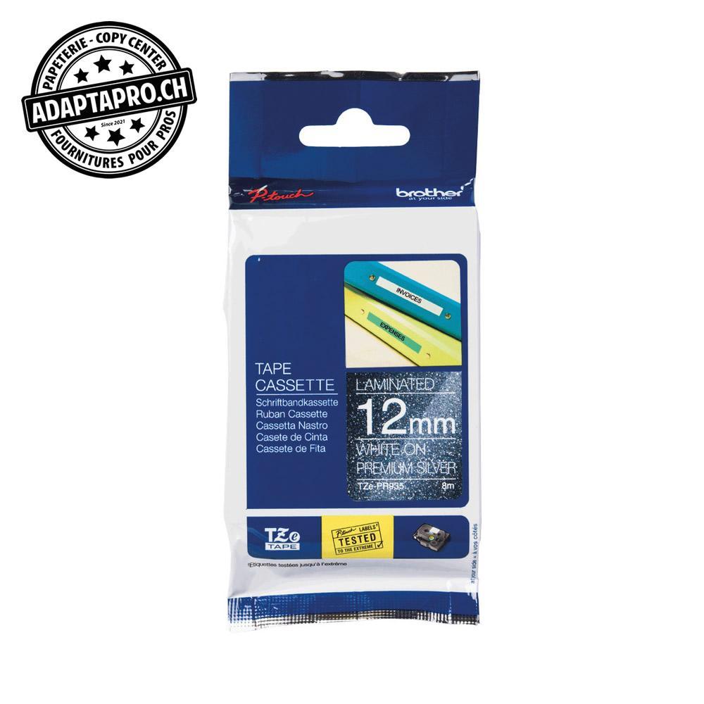 Brother - BRO-TZE-PR935 - Ruban BROTHER P-touch TZe laminé - 12mm - 8m - blanc sur argent premium