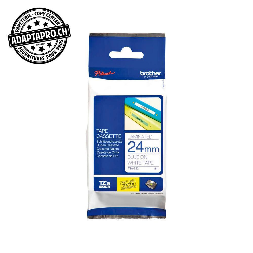 Brother - BRO-TZE-253 - Ruban BROTHER P-touch TZe laminé - 24mm - 8m - bleu sur blanc