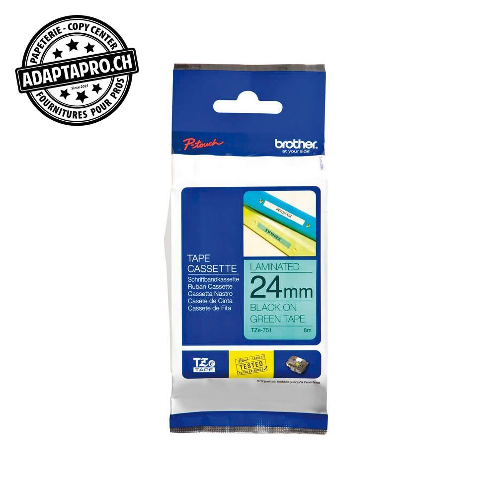 Brother - BRO-TZE-751 - Ruban BROTHER P-touch TZe laminé - 24mm - 8m - noir sur vert