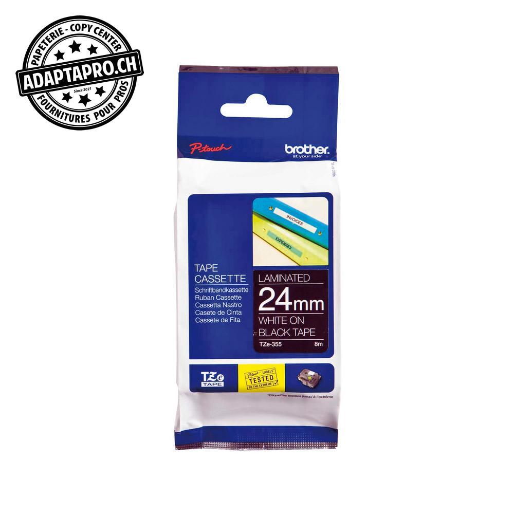 Brother - BRO-TZE-355 - Ruban BROTHER P-touch TZe laminé - 24mm - 8m - blanc sur noir