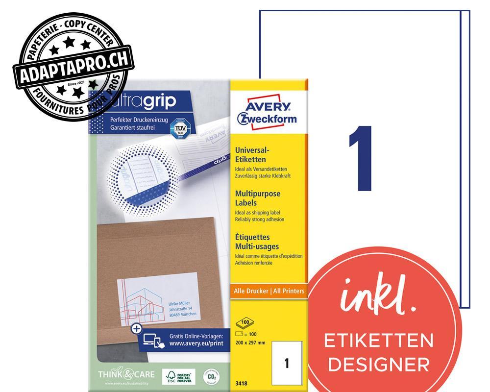 Avery Zweckform - AVZ-3418Z - Etiquettes universelles AVERY ZWECKFORM ultragrip - 200x297mm - 1/A4 - 100 flles