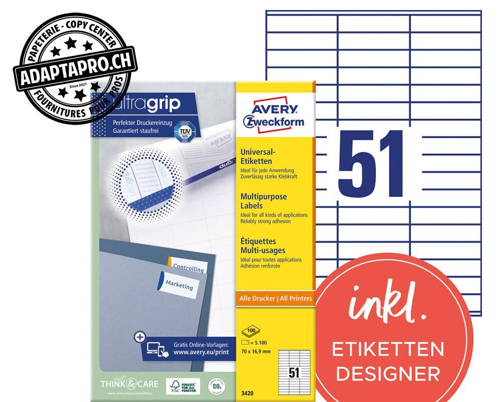 Avery Zweckform - AVZ-3420Z - Etiquettes universelles AVERY ZWECKFORM ultragrip - 70x 16.9mm - 18/A4 - 100 flles
