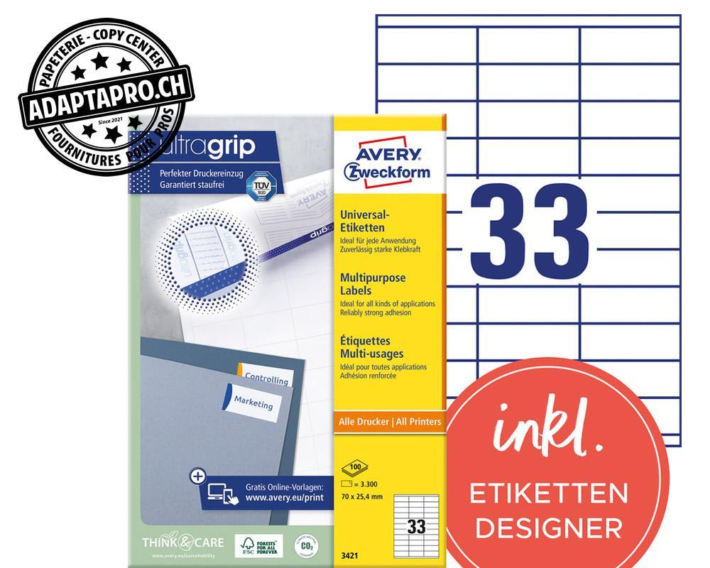 Avery Zweckform - AVZ-3421Z - Etiquettes universelles AVERY ZWECKFORM ultragrip - 70x 25.4mm - 33/A4 - 100 flles