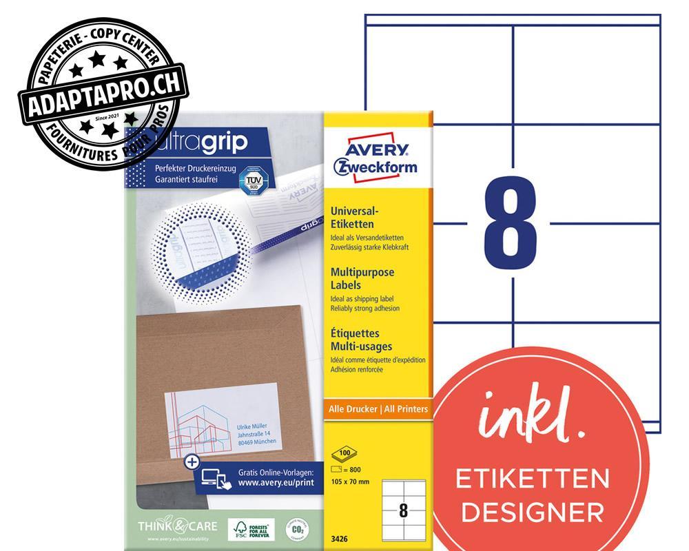 Avery Zweckform - AVZ-3426Z - Etiquettes universelles AVERY ZWECKFORM ultragrip - 105x 70mm - 8/A4 - 100 flles