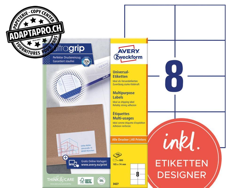Avery Zweckform - AVZ-3427Z - Etiquettes universelles AVERY ZWECKFORM ultragrip - 105x 74mm - 8/A4 - 100 flles