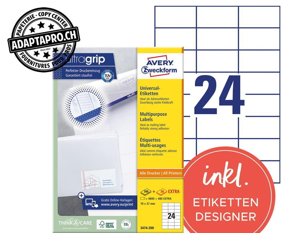 Avery Zweckform - AVZ-3474-200 - Etiquettes universelles AVERY ZWECKFORM ultragrip - 70x 37mm - 24/A4 - 220 flles
