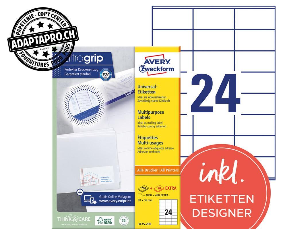 Avery Zweckform - AVZ-3475-200 - Etiquettes universelles AVERY ZWECKFORM ultragrip - 70x 36mm - 24/A4 - 220 flles
