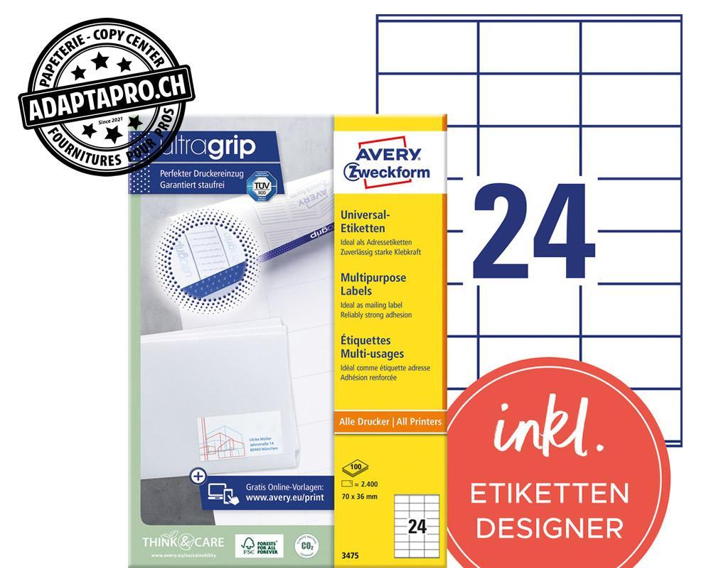 Avery Zweckform - AVZ-3475Z - Etiquettes universelles AVERY ZWECKFORM ultragrip - 70x 36mm - 24/A4 - 100 flles