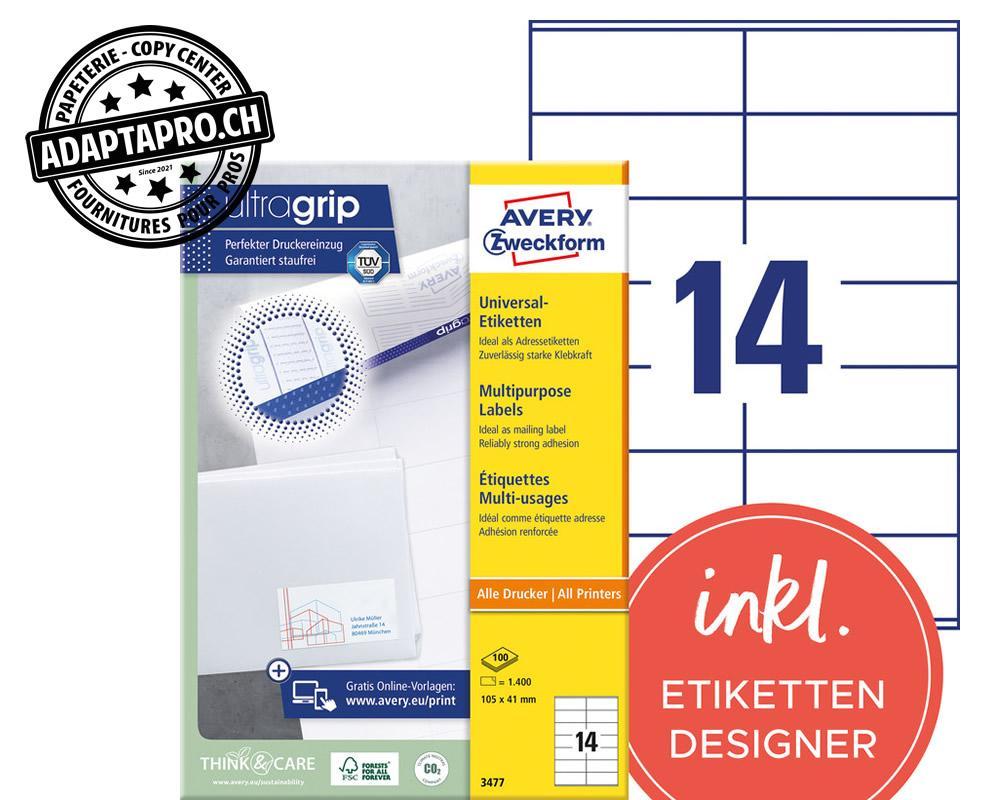 Avery Zweckform - AVZ-3477Z - Etiquettes universelles AVERY ZWECKFORM ultragrip - 105x 41mm - 16/A4 - 100 flles
