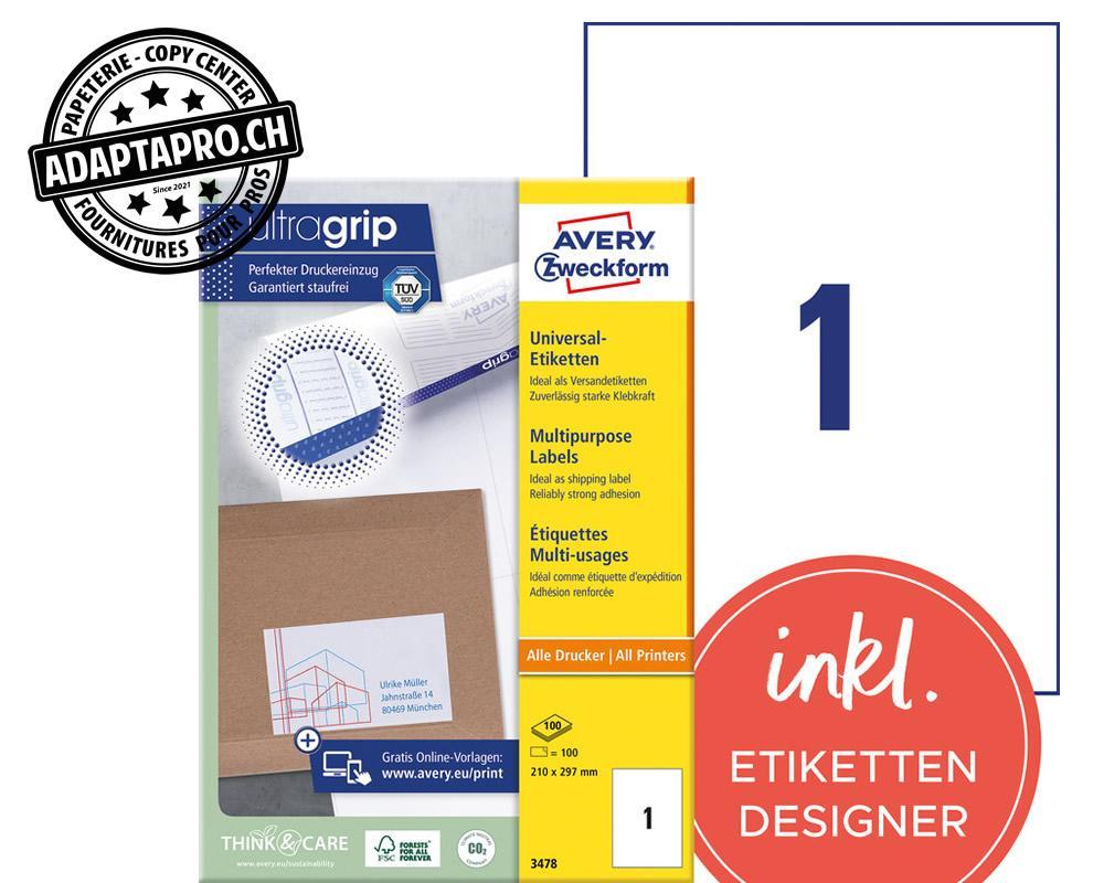 Avery Zweckform - AVZ-3478Z - Etiquettes universelles AVERY ZWECKFORM ultragrip - 210x297mm - 1/A4 - 100 flles