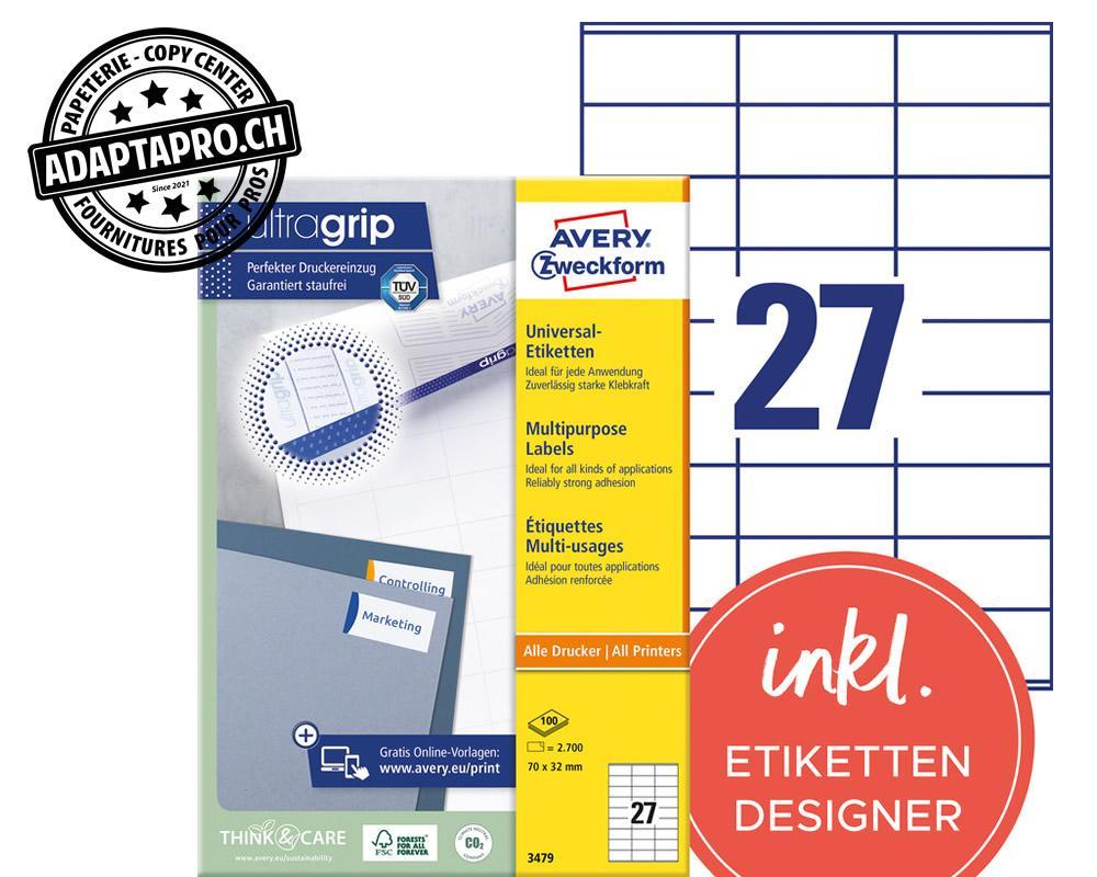 Avery Zweckform - AVZ-3479Z - Etiquettes universelles AVERY ZWECKFORM ultragrip - 70x 32mm - 27/A4 - 100 flles