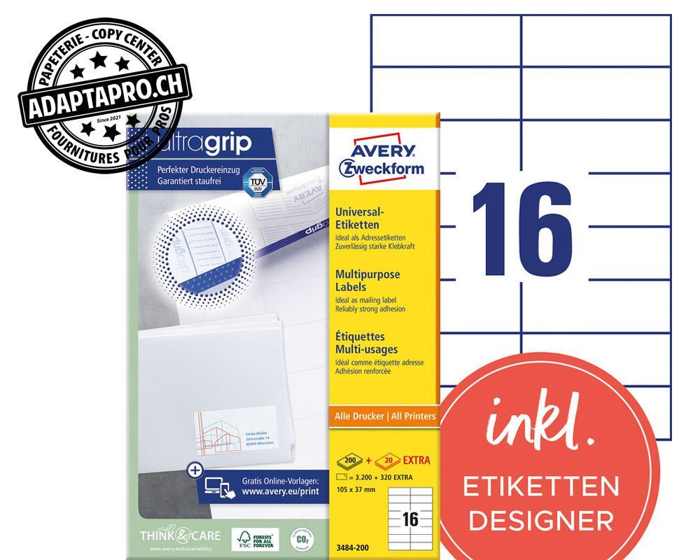 Avery Zweckform - AVZ-3484-200 - Etiquettes universelles AVERY ZWECKFORM ultragrip - 105x 37mm - 16/A4 - 220 flles