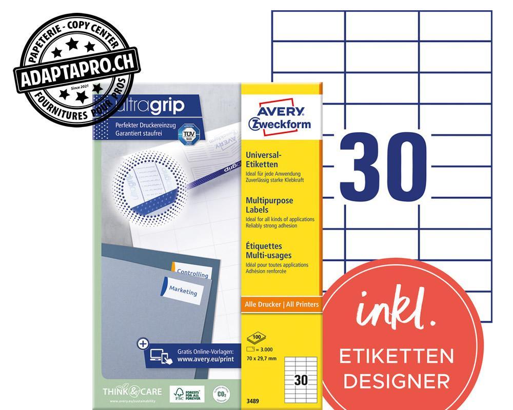 Avery Zweckform - AVZ-3489Z - Etiquettes universelles AVERY ZWECKFORM ultragrip - 70x 29.7mm - 30/A4 - 100 flles