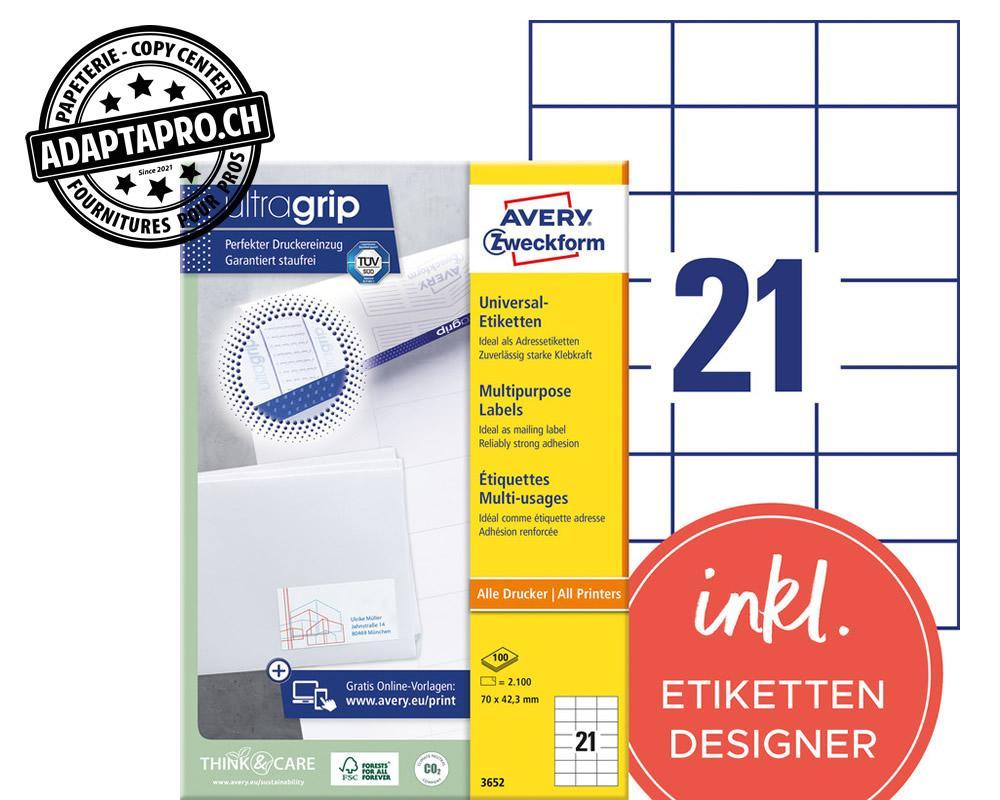 Avery Zweckform - AVZ-3652Z - Etiquettes universelles AVERY ZWECKFORM ultragrip - 70x 42.3mm - 21/A4 - 100 flles