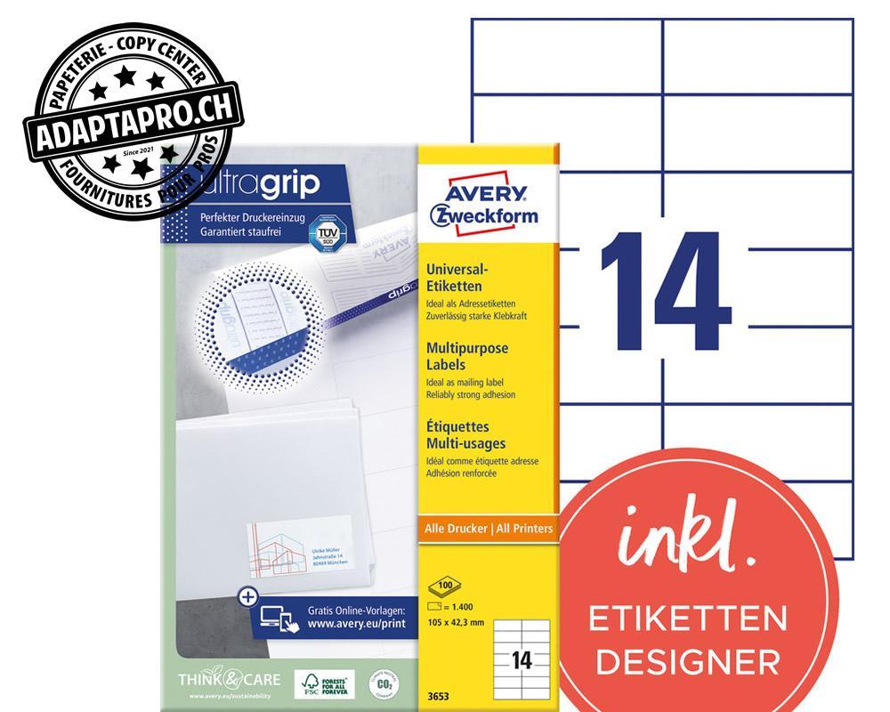 Avery Zweckform - AVZ-3653Z - Etiquettes universelles AVERY ZWECKFORM ultragrip - 105x 42.3mm - 14/A4 - 100 flles