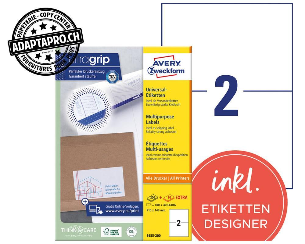 Avery Zweckform - AVZ-3655-200 - Etiquettes universelles AVERY ZWECKFORM ultragrip - 210x148mm - 2/A4 - 220 flles