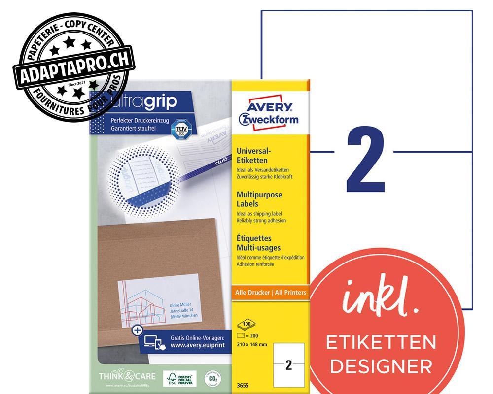 Avery Zweckform - AVZ-3655Z - Etiquettes universelles AVERY ZWECKFORM ultragrip - 210x148mm - 2/A4 - 100 flles