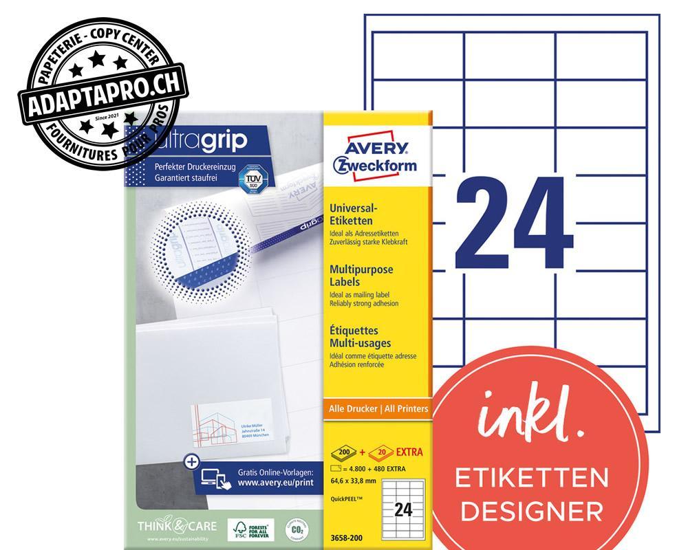 Avery Zweckform - AVZ-3658-200 - Etiquettes universelles AVERY ZWECKFORM ultragrip - 64.6x 33.8mm - 24/A4 - 220 flles