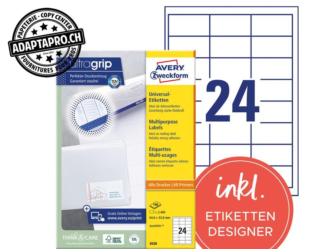 Avery Zweckform - AVZ-3658Z - Etiquettes universelles AVERY ZWECKFORM ultragrip - 64.6x 33.8mm - 24/A4 - 100 flles