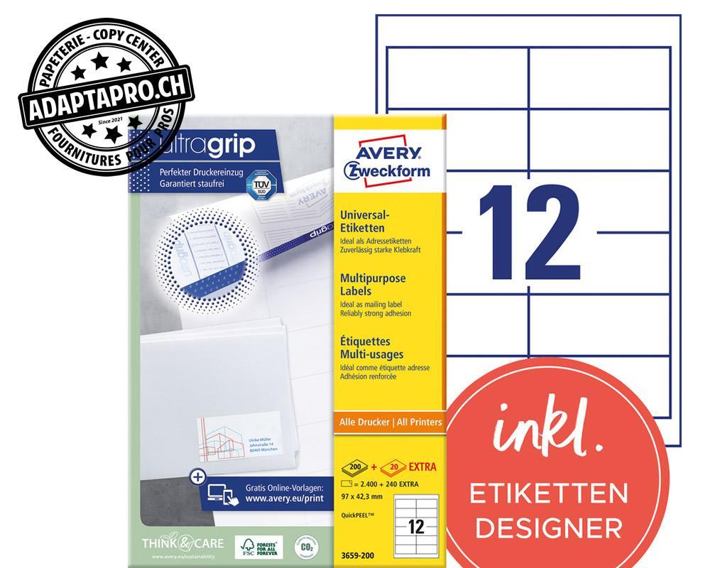Avery Zweckform - AVZ-3659-200 - Etiquettes universelles AVERY ZWECKFORM ultragrip - 97x 42.3mm - 12/A4 - 220 flles