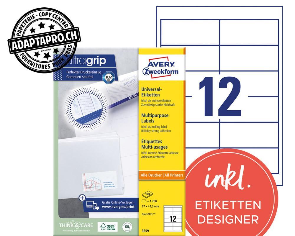 Avery Zweckform - AVZ-3659Z - Etiquettes universelles AVERY ZWECKFORM ultragrip - 97x 42.3mm - 12/A4 - 100 flles