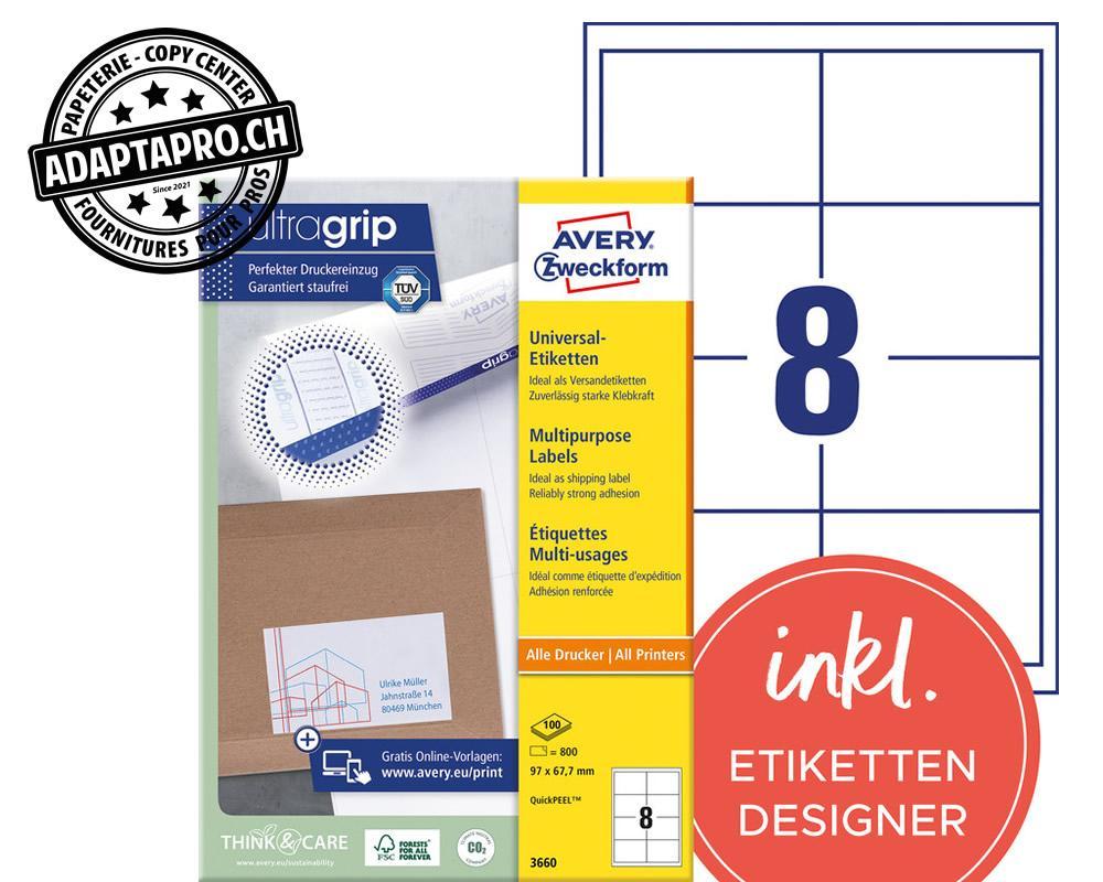Avery Zweckform - AVZ-3660Z - Etiquettes universelles AVERY ZWECKFORM ultragrip - 97x 67.7mm - 8/A4 - 100 flles