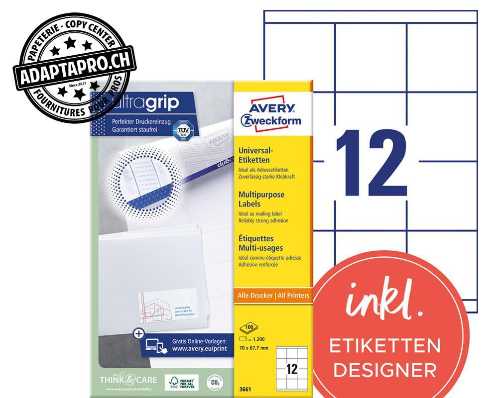 Avery Zweckform - AVZ-3661Z - Etiquettes universelles AVERY ZWECKFORM ultragrip - 70x 67.7mm - 12/A4 - 100 flles