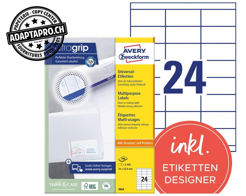 Avery Zweckform - AVZ-3664Z - Etiquettes universelles AVERY ZWECKFORM ultragrip - 70x 33.8mm - 24/A4 - 100 flles