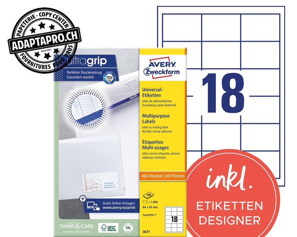 Avery Zweckform - AVZ-3671 - Etiquettes universelles AVERY ZWECKFORM ultragrip - 64x 45mm - 18/A4 - 100 flles