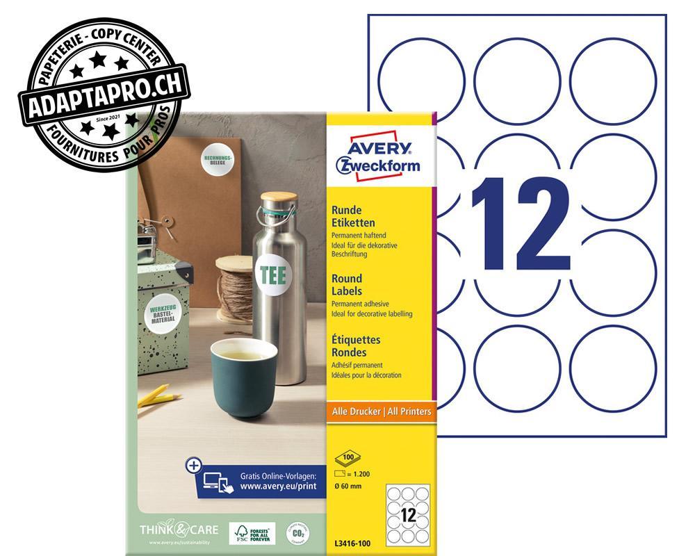 Avery Zweckform - AVZ-L3416-100 - Etiquettes universelles AVERY ZWECKFORM ultragrip - rond dia 60mm - 24/A4 - 100 flles