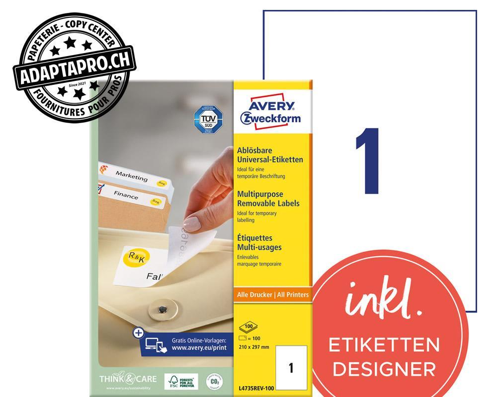 Avery Zweckform - AVZ-L4735REV-100 - Etiquettes universelles AVERY ZWECKFORM amovibles - 210x 297mm - 1/A4 - 100 flles
