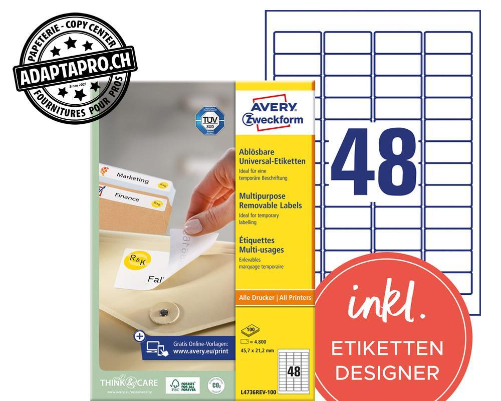 Avery Zweckform - AVZ-L4736REV-100 - Etiquettes universelles AVERY ZWECKFORM amovibles - 45.7x 21.2mm - 48/A4 - 100 flles