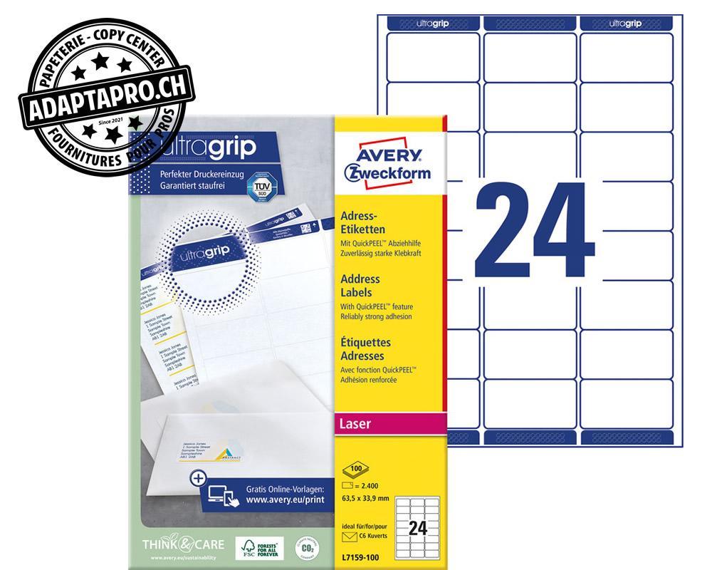 Avery Zweckform - AVZ-L7159-100 - Etiquettes universelles AVERY ZWECKFORM ultragrip - 63.5x 33.9mm - 24/A4 - 100 flles