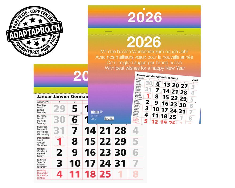 Biella - BIEL-889015000026U - Calendrier mensuel BIELLA - 1 mois par feuille - 16.7x19.8cm - 2026