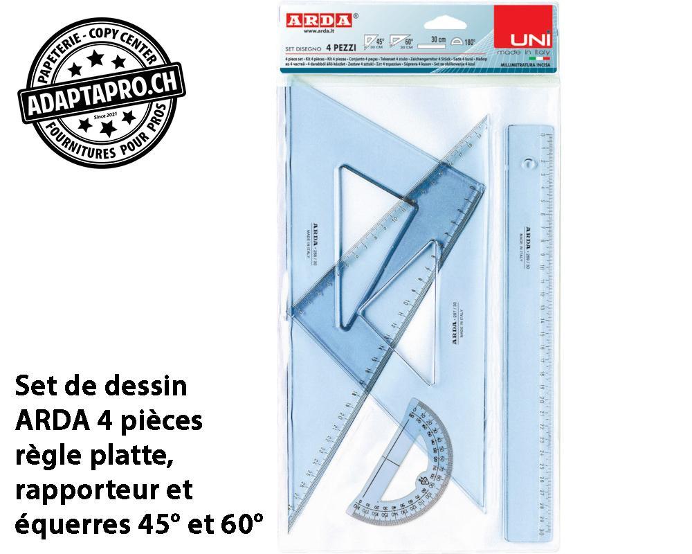 Arda - ARDA-70430SS - Set de dessin ARDA 4 pièces - règle platte, équerres 45° et 60°, rapporteur
