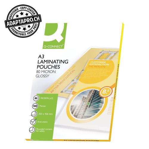 Pochettes plastification Q-CONNECT brillantes - 80&micro; - A3 - 303*426mm - 100 pces
